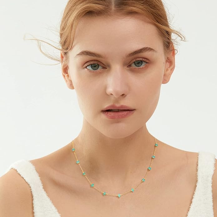 YADUDA Natural Stone Choker Necklace for Women 18K Gold Plated Beaded Necklace Turquoise Malachite Carnelian Aventurine Purple Crystal Stone Tiny Birthstone Choker