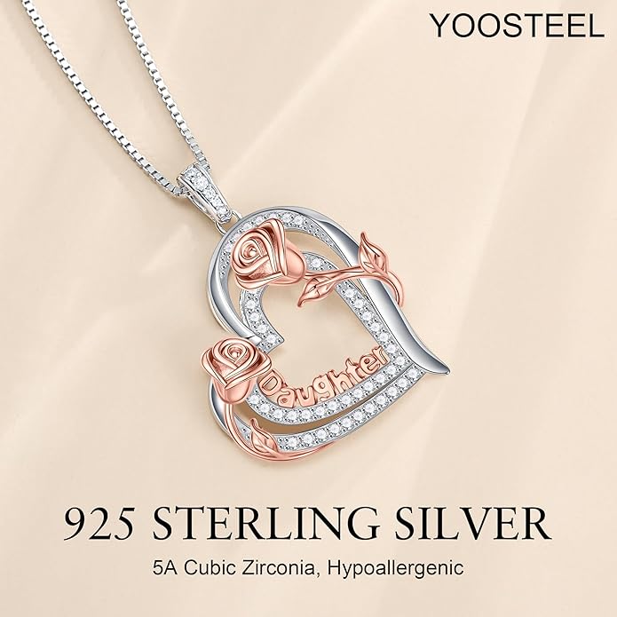 Yoosteel Mothers Day Gifts S925 Sterling Silver Necklace - Rose Flower Heart Necklace for Women Mothers Day Necklace Jewelry Birthday Christmas Mothers Day Gifts for Mom Wife Grandma Sister Daughter