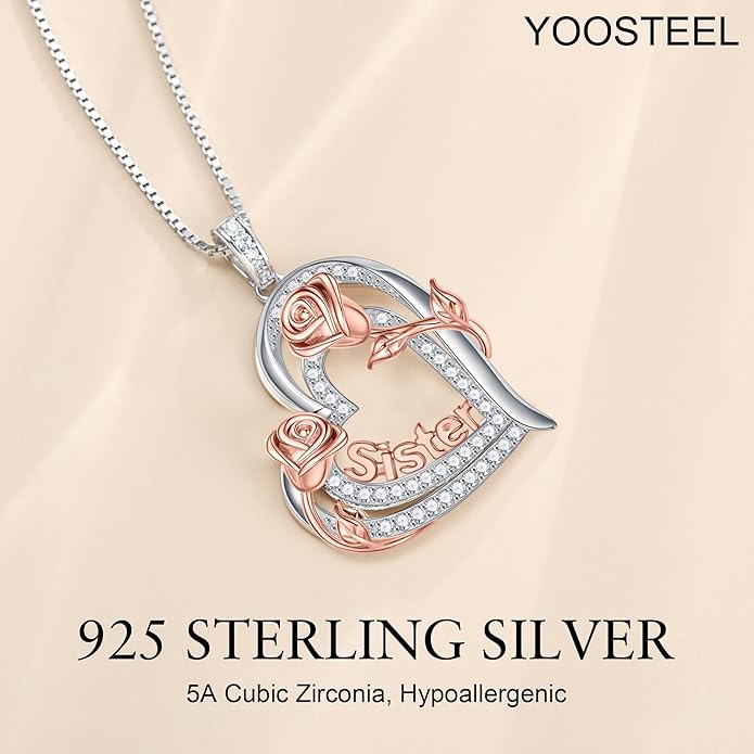 Yoosteel Mothers Day Gifts S925 Sterling Silver Necklace - Rose Flower Heart Necklace for Women Mothers Day Necklace Jewelry Birthday Christmas Mothers Day Gifts for Mom Wife Grandma Sister Daughter