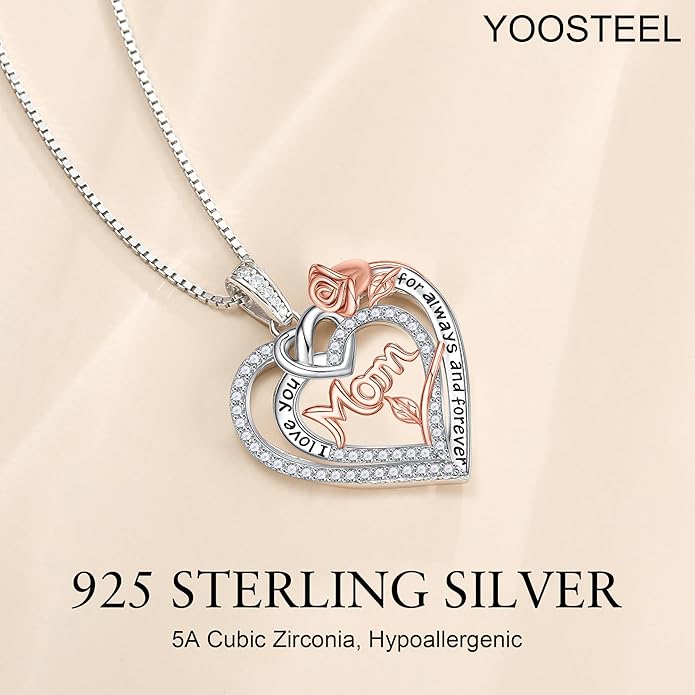 Yoosteel Mothers Day Gifts S925 Sterling Silver Necklace - Rose Flower Heart Necklace for Women Mothers Day Necklace Jewelry Birthday Christmas Mothers Day Gifts for Mom Wife Grandma Sister Daughter