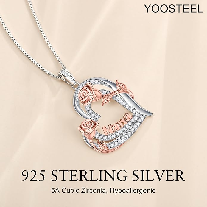 Yoosteel Mothers Day Gifts S925 Sterling Silver Necklace - Rose Flower Heart Necklace for Women Mothers Day Necklace Jewelry Birthday Christmas Mothers Day Gifts for Mom Wife Grandma Sister Daughter