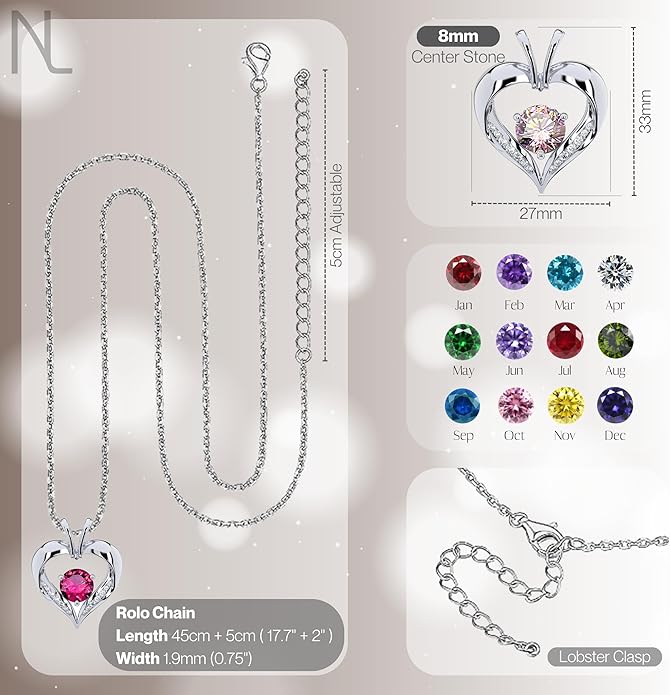 | Heart Birthstone Necklace for girlfriend | Pendant for women birthstone necklace with love heart necklace for women sterling silver necklace heart necklace Love heart pendant necklace