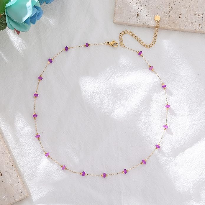 YADUDA Natural Stone Choker Necklace for Women 18K Gold Plated Beaded Necklace Turquoise Malachite Carnelian Aventurine Purple Crystal Stone Tiny Birthstone Choker