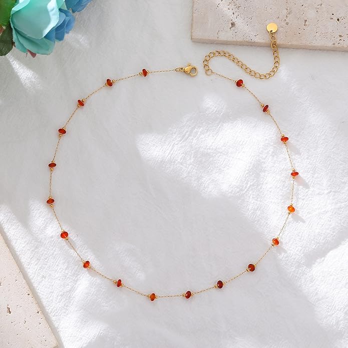YADUDA Natural Stone Choker Necklace for Women 18K Gold Plated Beaded Necklace Turquoise Malachite Carnelian Aventurine Purple Crystal Stone Tiny Birthstone Choker