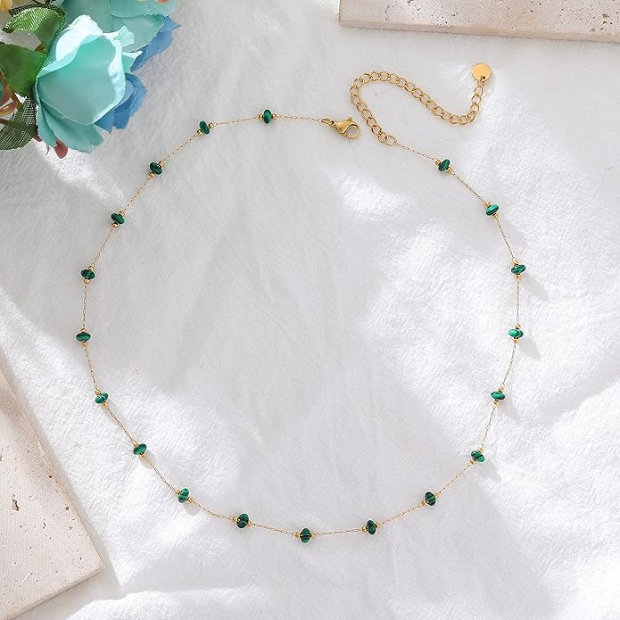YADUDA Natural Stone Choker Necklace for Women 18K Gold Plated Beaded Necklace Turquoise Malachite Carnelian Aventurine Purple Crystal Stone Tiny Birthstone Choker