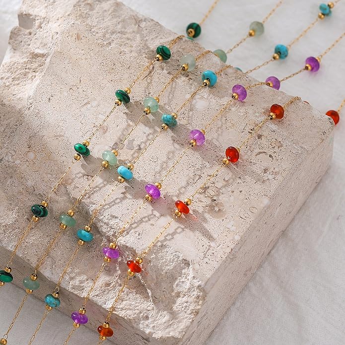 YADUDA Natural Stone Choker Necklace for Women 18K Gold Plated Beaded Necklace Turquoise Malachite Carnelian Aventurine Purple Crystal Stone Tiny Birthstone Choker